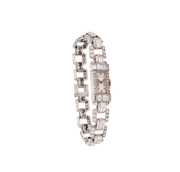 Art Deco 1930 Platinum Lady Wristwatch Bracelet With 6.75 Cts In VS Diamonds