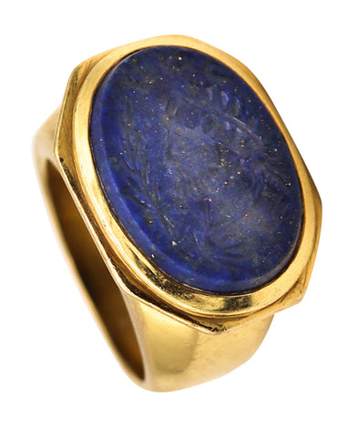 Signet Revival Intaglio Ring In Solid 18Kt Yellow Gold With Carved Lapis Lazuli