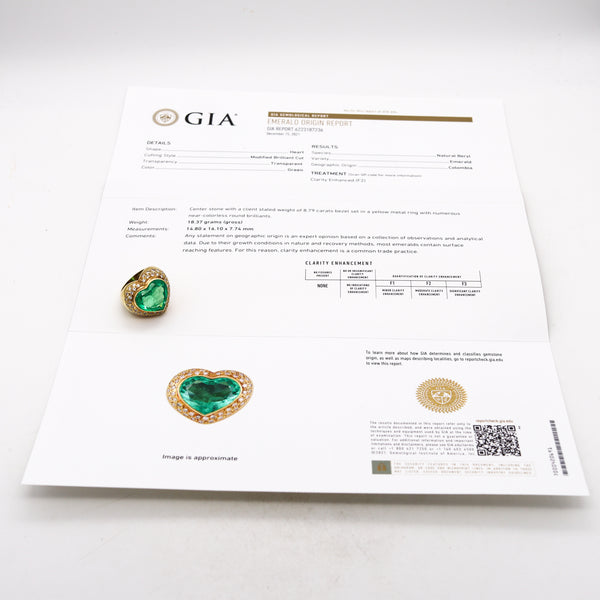 *Maz Gia Certified Bartholomew Mazza Cocktail ring in 18 kt gold with 10.03 Cts Colombian Heart Emerald and Diamonds