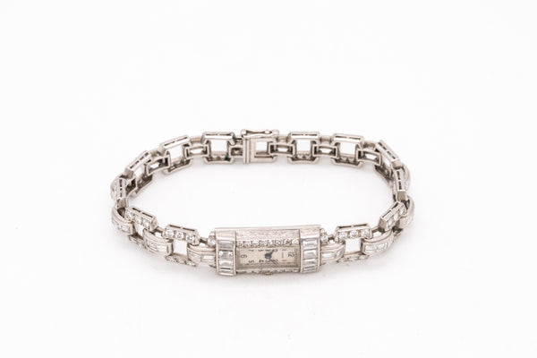 Art Deco 1930 Platinum Lady Wristwatch Bracelet With 6.75 Cts In VS Diamonds