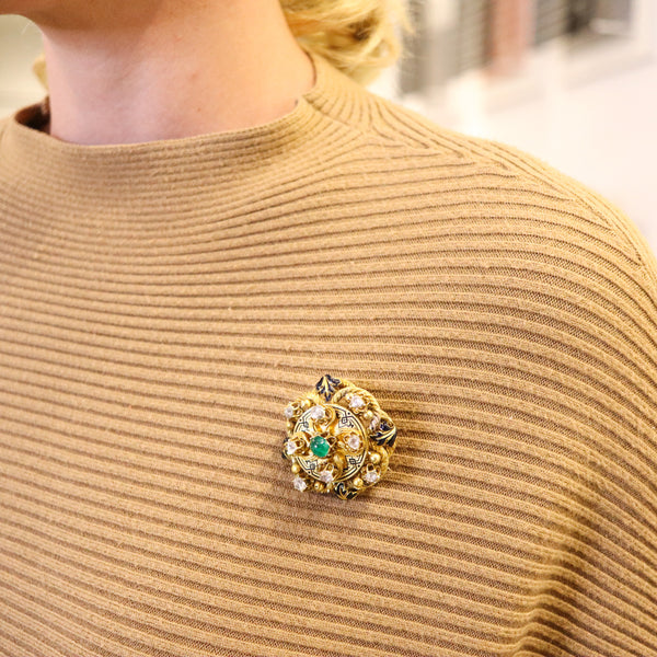 -Georgian 1820 Antique Convertible Brooch In 18Kt Gold With 5.54 Ctw In Diamonds And Emerald