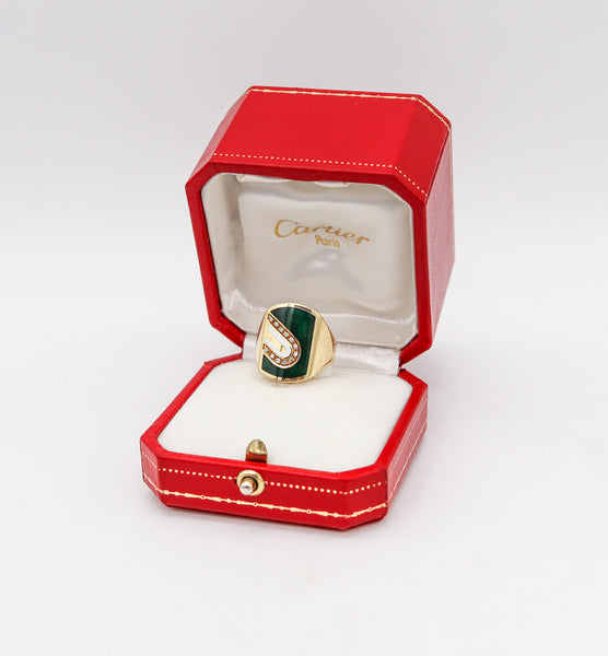 CARTIER 1970 Modernist Enameled Signet Ring In 18Kt Yellow Gold With Diamonds