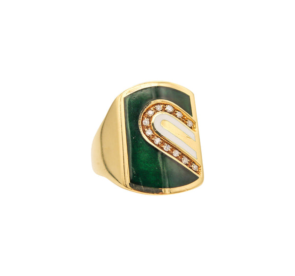 CARTIER 1970 Modernist Enameled Signet Ring In 18Kt Yellow Gold With Diamonds