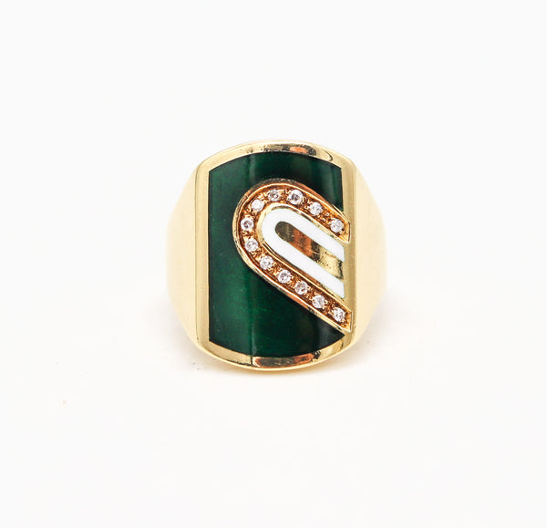 CARTIER 1970 Modernist Enameled Signet Ring In 18Kt Yellow Gold With Diamonds