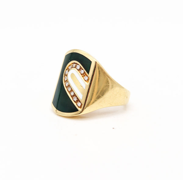 CARTIER 1970 Modernist Enameled Signet Ring In 18Kt Yellow Gold With Diamonds