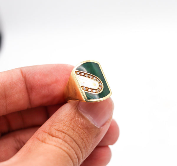 CARTIER 1970 Modernist Enameled Signet Ring In 18Kt Yellow Gold With Diamonds