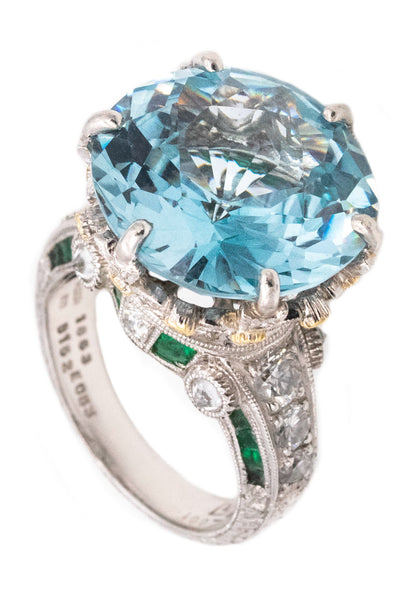 *Mitsuo Kaji rare platinum cocktail ring with 21.13 Cts in diamonds emerald & aquamarine