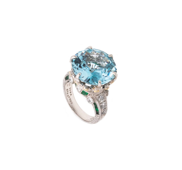 *Mitsuo Kaji rare platinum cocktail ring with 21.13 Cts in diamonds emerald & aquamarine