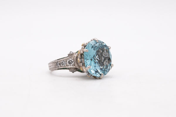 *Mitsuo Kaji rare platinum cocktail ring with 21.13 Cts in diamonds emerald & aquamarine