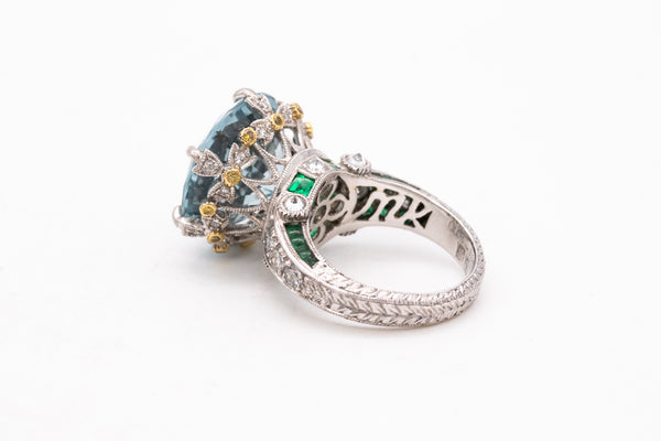 *Mitsuo Kaji rare platinum cocktail ring with 21.13 Cts in diamonds emerald & aquamarine