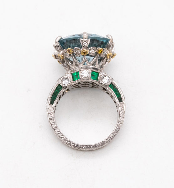 *Mitsuo Kaji rare platinum cocktail ring with 21.13 Cts in diamonds emerald & aquamarine