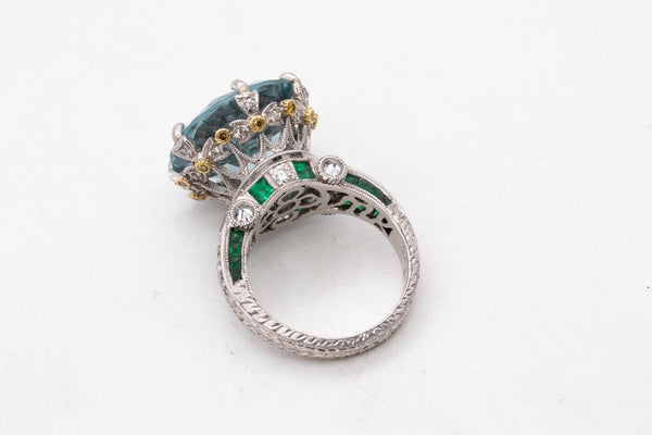 *Mitsuo Kaji rare platinum cocktail ring with 21.13 Cts in diamonds emerald & aquamarine