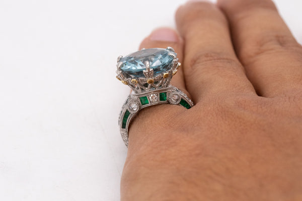 *Mitsuo Kaji rare platinum cocktail ring with 21.13 Cts in diamonds emerald & aquamarine