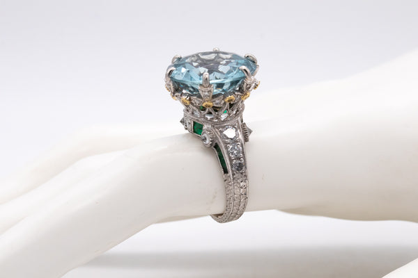 *Mitsuo Kaji rare platinum cocktail ring with 21.13 Cts in diamonds emerald & aquamarine