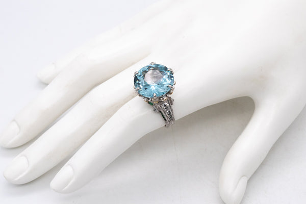 *Mitsuo Kaji rare platinum cocktail ring with 21.13 Cts in diamonds emerald & aquamarine