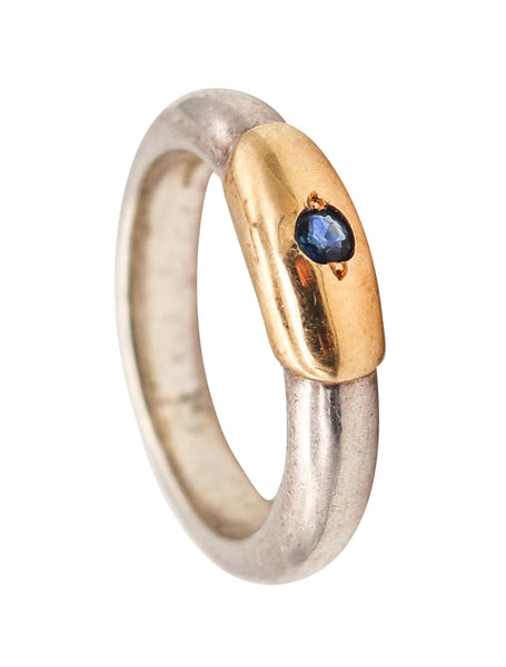 -Lalaounis 1970 Greece Band Ring In 18Kt Yellow Gold & Sterling With Sapphire