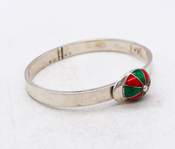 Gucci Milan 1970 Rare Equestrian Jockey Hat Cuff In .925 Sterling Silver With Red And Green Enamel