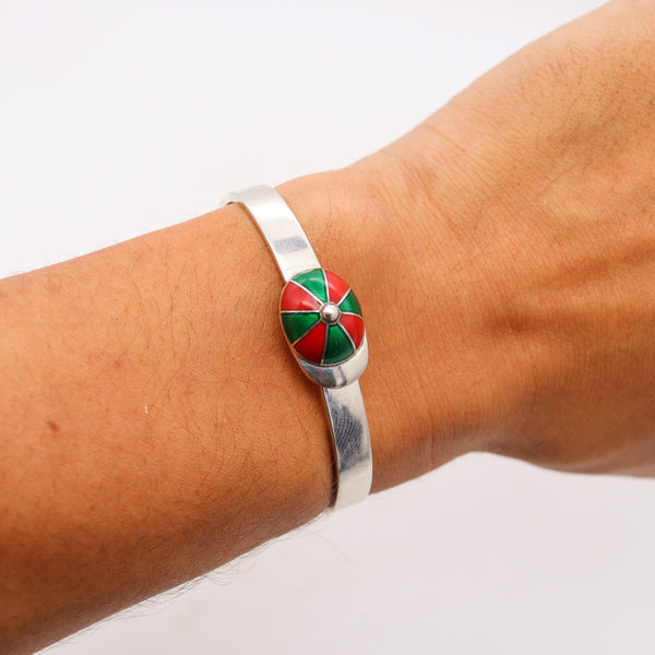 Gucci Milan 1970 Rare Equestrian Jockey Hat Cuff In .925 Sterling Silver With Red And Green Enamel