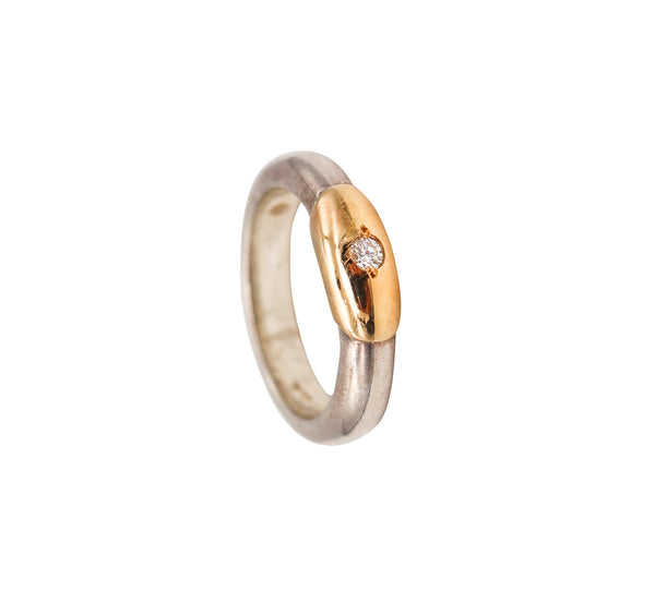 -Lalaounis 1970 Greece Band Ring In 18Kt Yellow Gold & Sterling With Diamond