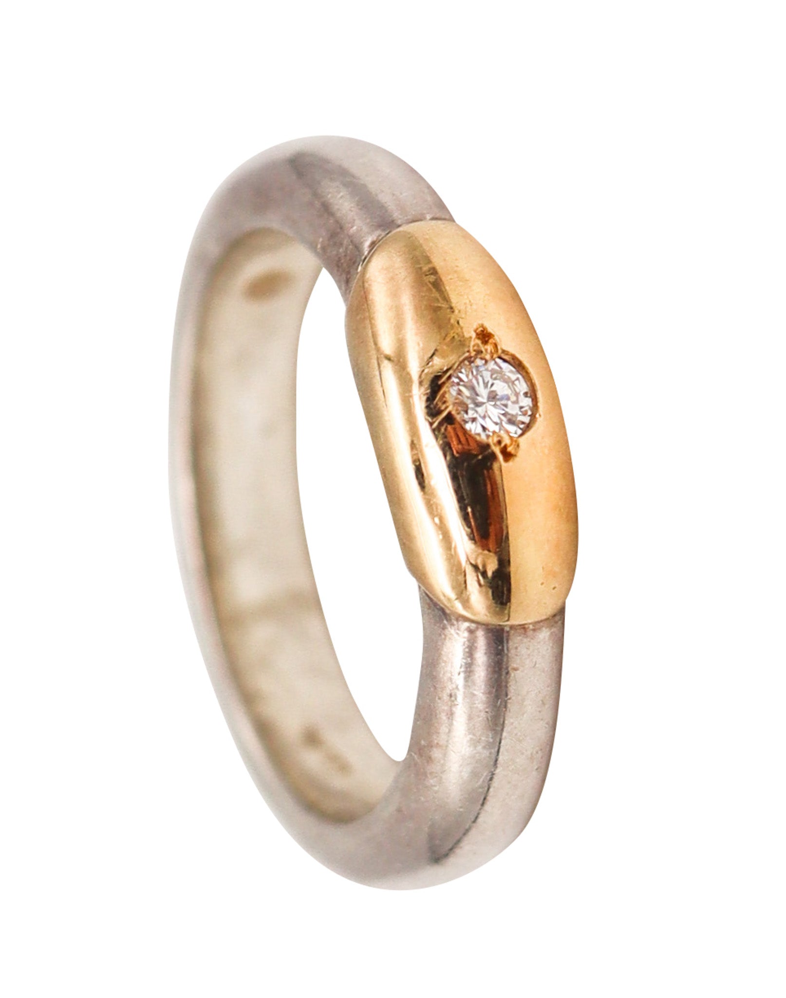 -Lalaounis 1970 Greece Band Ring In 18Kt Yellow Gold & Sterling With Diamond