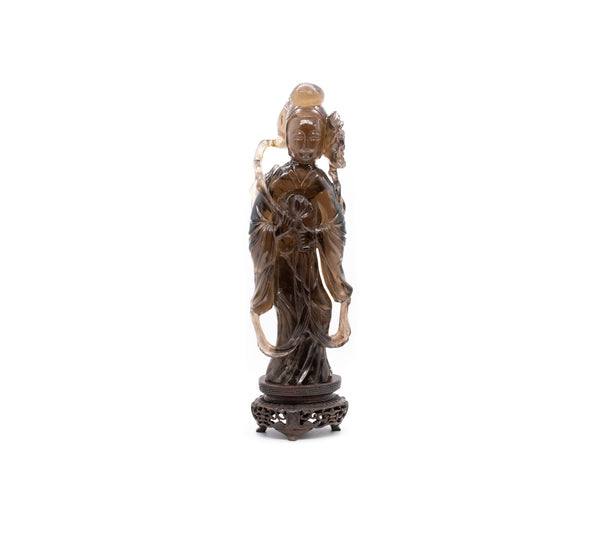 CHINA POST 1912 STANDING QUAN YIN CARVED IN SMOKEY ROCK QUARTZ WITH A BASE