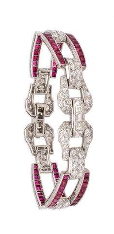 PLATINUM 1930 ART DECO BRACELET WITH 18.45 Ctw OF DIAMONDS AND BURMA RUBIES