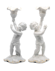 GERMANY 1930, SCHAUBACH KUNTS WHITE PORCELAIN PAIR OF CANDLE HOLDERS