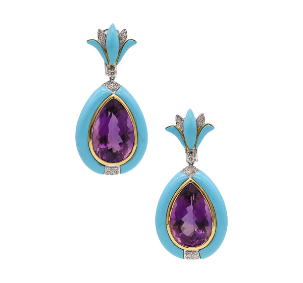 Rebecca Koven Dangle Drop Earrings In 18Kt Gold With 45.80 Ctw In Amethyst Diamonds And Turquoises