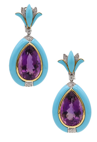 Rebecca Koven Dangle Drop Earrings In 18Kt Gold With 45.80 Ctw In Amethyst Diamonds And Turquoises