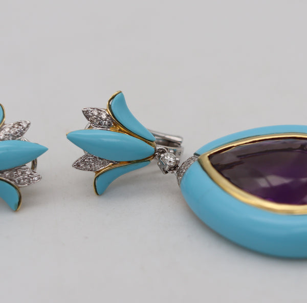 Rebecca Koven Dangle Drop Earrings In 18Kt Gold With 45.80 Ctw In Amethyst Diamonds And Turquoises