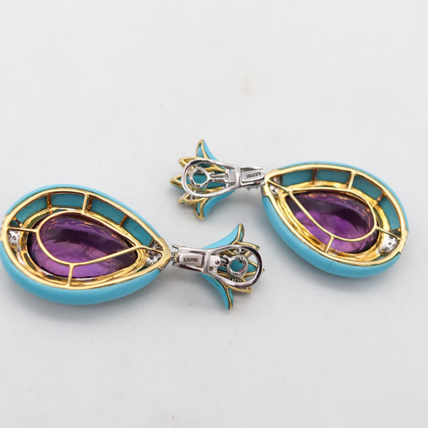 Rebecca Koven Dangle Drop Earrings In 18Kt Gold With 45.80 Ctw In Amethyst Diamonds And Turquoises