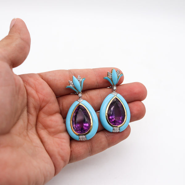 Rebecca Koven Dangle Drop Earrings In 18Kt Gold With 45.80 Ctw In Amethyst Diamonds And Turquoises