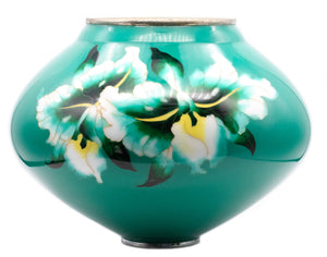 +Ando Jubei Japan 1950 Showa Period Cloisonné Enamel Green Bombe Vase