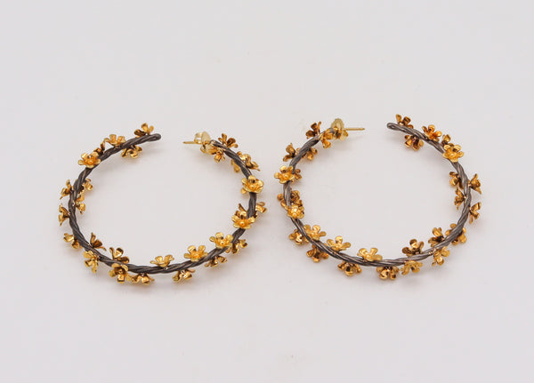 Rebecca Koven Flowers Hoops Earrings In 18Kt White Gold And 24Kt Yellow Gold