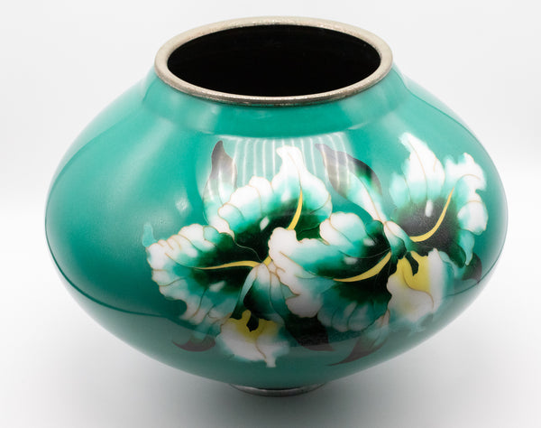 +Ando Jubei Japan 1950 Showa Period Cloisonné Enamel Green Bombe Vase