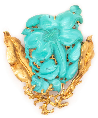 MID CENTURY 1960 ITALY 18 KT GOLD BROOCH WITH LILY CARVINGS IN TURQUOISE