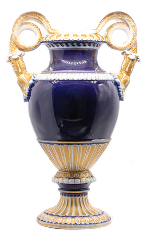 GERMANY 1900, MEISSEN BLUE AND GILDED PORCELAIN URN WITH SNAKE HANDLES