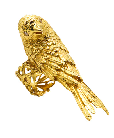 Rebecca Koven Sculptural Parakeet Bird Ring In Solid 18Kt Yellow Gold