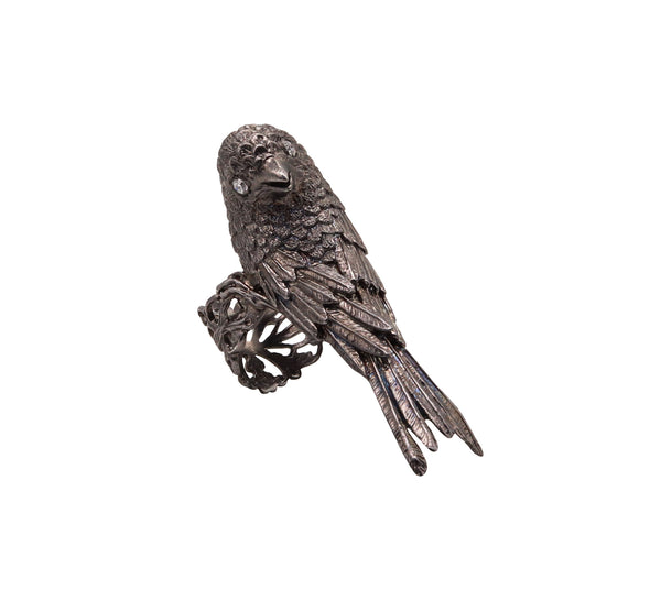 Rebecca Koven Sculptural Parakeet Bird Ring In Solid Rhodium Plate Sterling And Diamonds