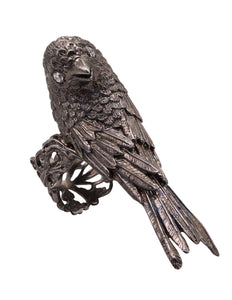 Rebecca Koven Sculptural Parakeet Bird Ring In Solid Rhodium Plate Sterling And Diamonds