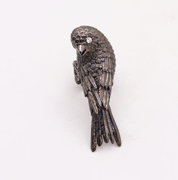 Rebecca Koven Sculptural Parakeet Bird Ring In Solid Rhodium Plate Sterling And Diamonds