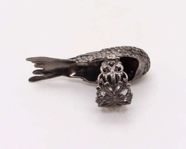 Rebecca Koven Sculptural Parakeet Bird Ring In Solid Rhodium Plate Sterling And Diamonds