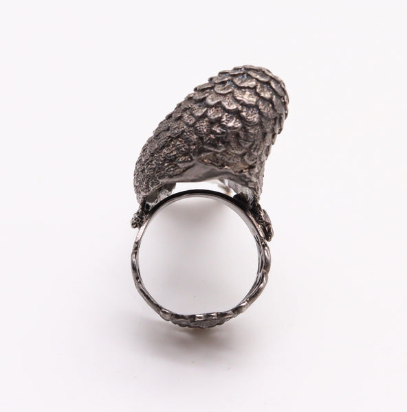 Rebecca Koven Sculptural Parakeet Bird Ring In Solid Rhodium Plate Sterling And Diamonds