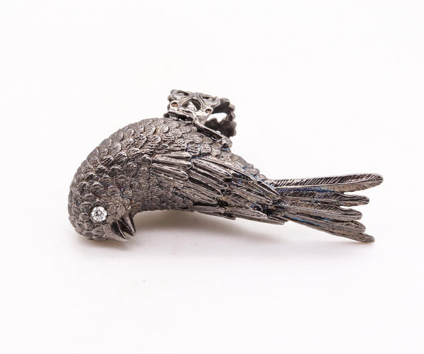 Rebecca Koven Sculptural Parakeet Bird Ring In Solid Rhodium Plate Sterling And Diamonds