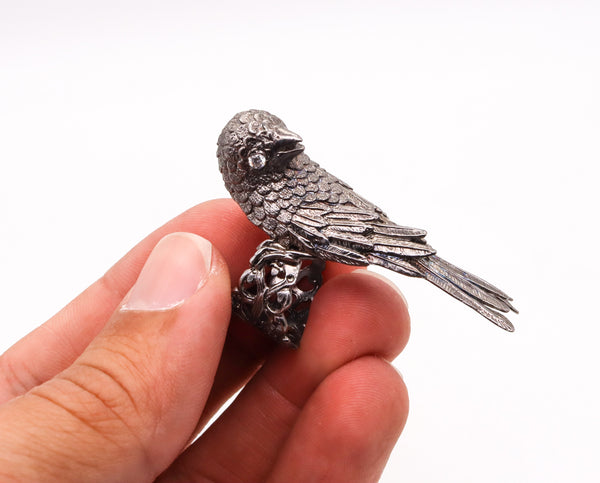 Rebecca Koven Sculptural Parakeet Bird Ring In Solid Rhodium Plate Sterling And Diamonds