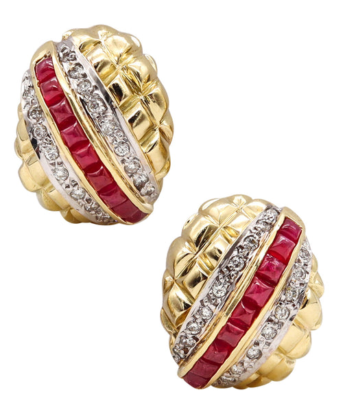 Modern 1970 Gem Set Clips Earrings In 18Kt Yellow Gold With 3.42 Cts In Rubies And Diamonds