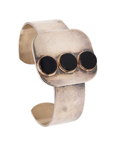 -Pierre Cardin 1970 Paris Geometric Onyx Dots Cuff Bracelet In 14Kt Yellow Gold And Sterling