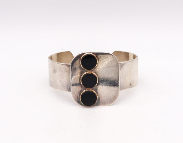 -Pierre Cardin 1970 Paris Geometric Onyx Dots Cuff Bracelet In 14Kt Yellow Gold And Sterling