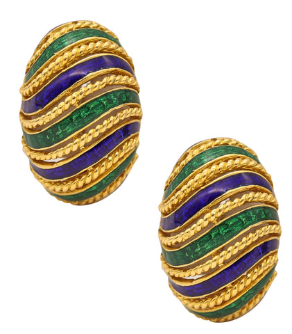 Italy 1960 Modernist Earrings In Textured 18Kt Yellow Gold With Blue And Green Guilloche Enamel