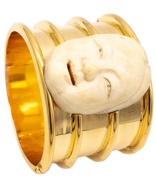Modernist 1970 Chinoiserie Cuff Bracelet In Solid 18Kt Yellow Gold With Buddha Face